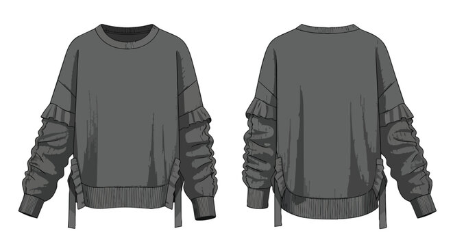 Stylish grey women's long sleeve top with fashion-forward ruffled sleeves, presenting a modern casual wear design in front and back views. Ideal for