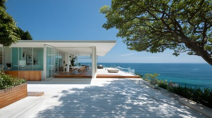 Fototapeta premium Modern Beachfront Villa with Ocean Views and Lush Greenery.