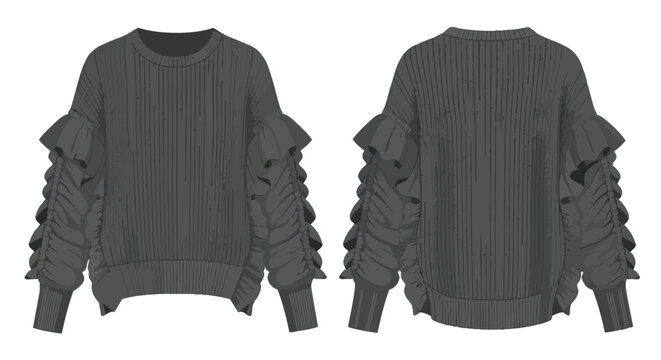 Elegant gray ribbed sweater illustration with fashionable ruffled sleeves, showcasing modern textile design