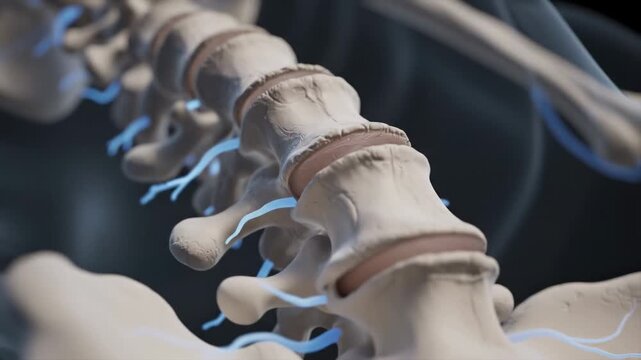 Detailed anatomical model of human spine showcasing vertebrae and spinal nerves in a close-up view against a dark background emphasizing structure and connectivity