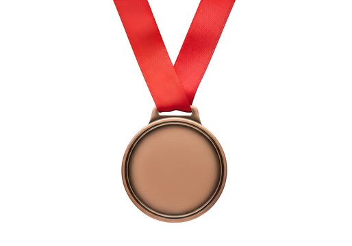 A shiny circular bronze medal hanging from a vibrant red ribbon representing achievement and success