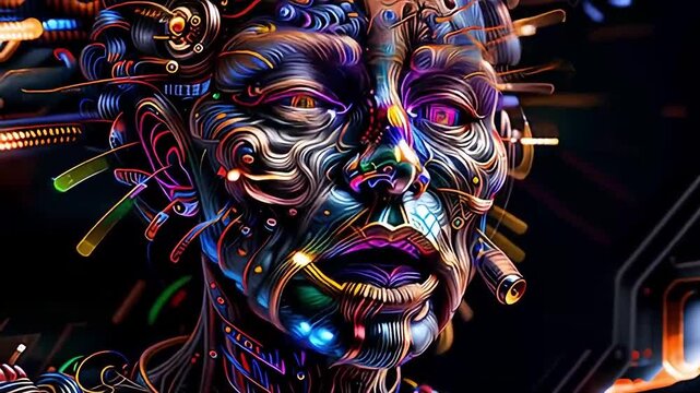 Intricate cybernetic head with glowing neon eyes and colorful swirling circuits in blue purple orange emerges from dark mechanical background with wires and tubes. 