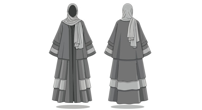 Elegant vector illustration of a modern modest garment design. Front and back views display refined layers and flowing drapery. Perfect for fashion