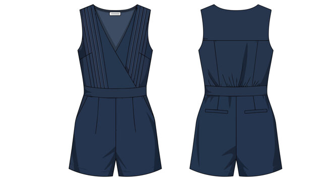 Sleeveless navy blue playsuit design featuring a sophisticated V-neck wrap front and pleated bodice details, highlighting modern casual elegant
