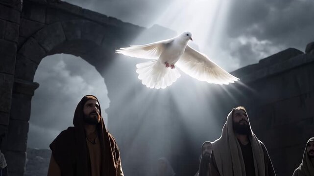 Glowing pure white dove descending representing holy spirit