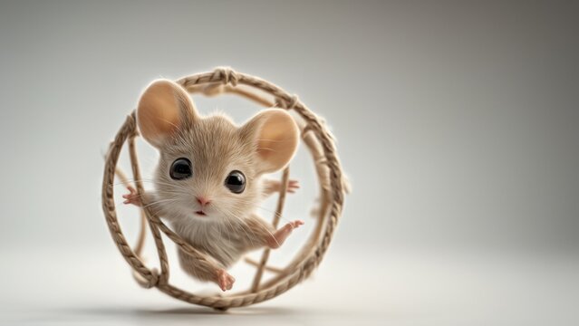 Niedliche kleine Maus sitzt in einem Holzrad auf wei&szlig;em Hintergrund in 3D-Render-Optik