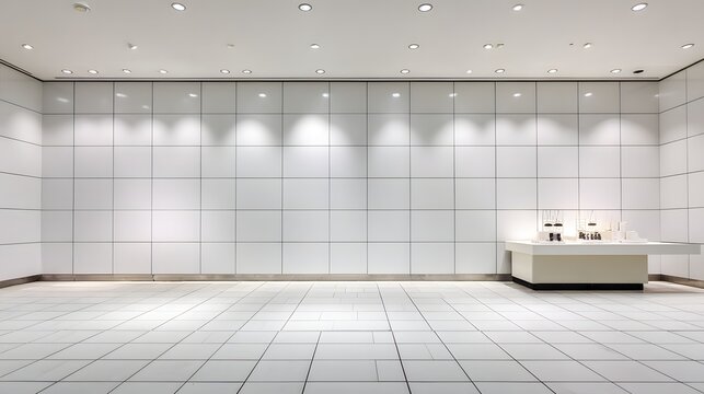 Modern Empty White Exhibition Hall with Spotlights and Display Counter.