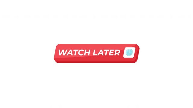 Watch later isometric UI button animation. Save video for future viewing. Media library reminder. Playlist queue. Click interaction motion. Modern social media interface element animated tap