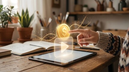 Obraz premium Content creator hand with glowing coin from play button icon
