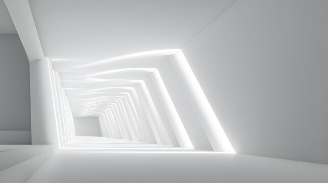 Modern Futuristic White Tunnel with Glowing Neon Lights.