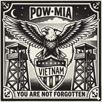 A black and white graphic illustration honoring pow mia soldiers from the vietnam war conflict era