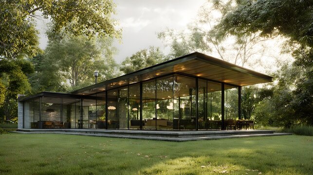 Modern Glass House Architecture Surrounded by Lush Green Forest Trees.
