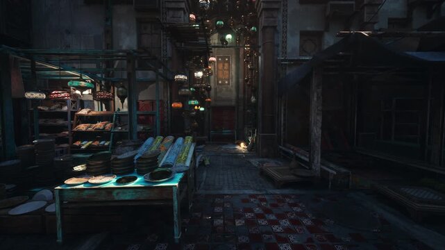 night market stall glowing with neon, empty alley lined with wooden crates and woven baskets, wet cobblestone reflecting lantern light, moody cinematic noir
