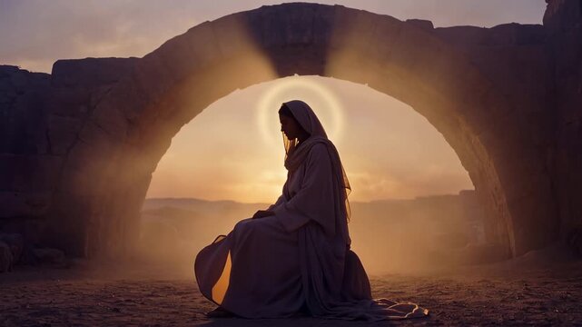 Protective shadow falling over silhouette of Mary