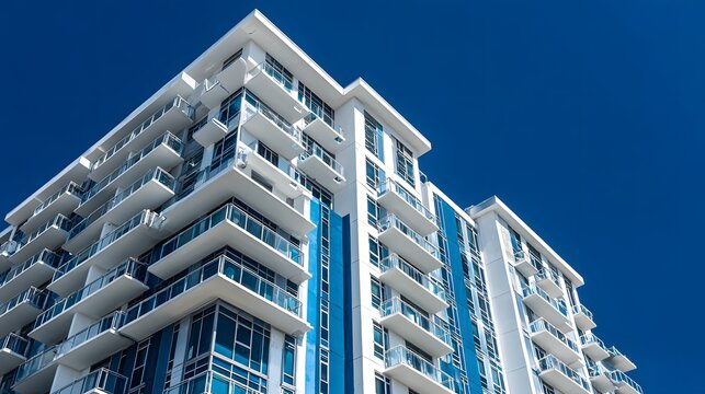 Modern High-Rise Apartment Building with Balconies Against a Clear Blue Sky.