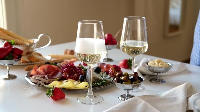 Pouring white wine or Prosecco into a glass from a bottle for an aperitif	