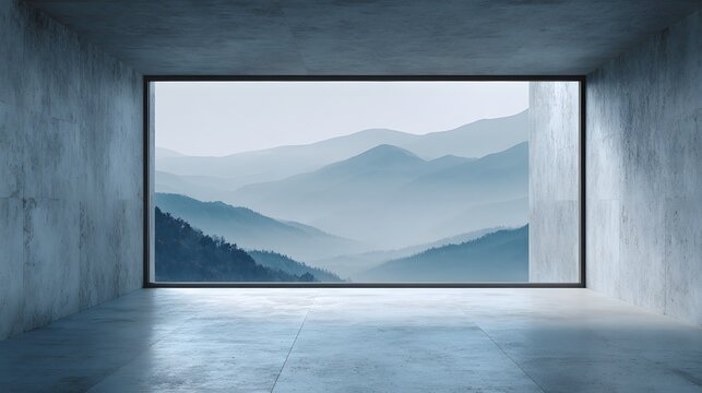 Modern Interior with Large Window Displaying Misty Mountain Landscape.