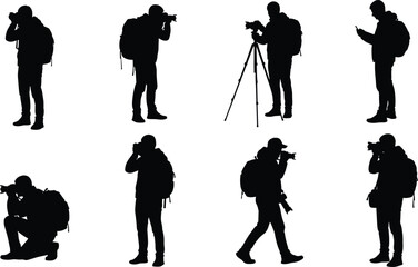 Photographer silhouette collection showing professional camera shooting poses with backpack, tripod and mobile use for travel, journalism and content creation © Asik