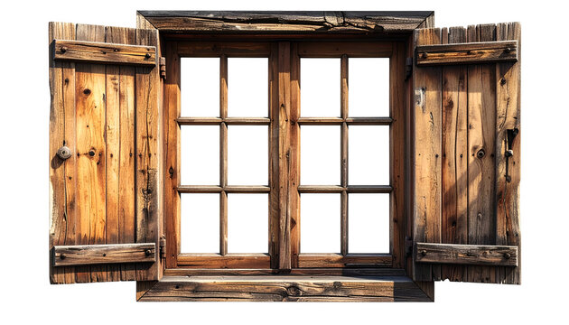 Wooden window with open shutters, aged wood, symmetrical design, against a transparent backdrop