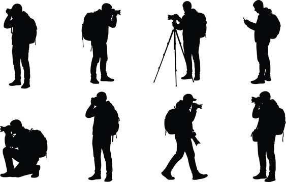 Photographer silhouette collection showing professional camera shooting poses with backpack, tripod and mobile use for travel, journalism and content creation