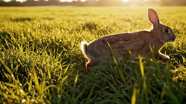 Rabbit forages in tall green grass during golden hour, showcasing a natural habitat with sunlight illuminating the scene and creating a serene atmosphere