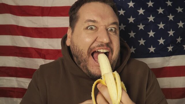 A funny fat man overeats tasty and unhealthy food. Happy guy 