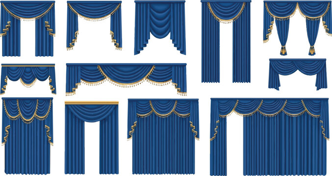 Assorted blue drapes and valances: luxurious fabric treatments for interiors,, and stage settings with gold trim, velvet fabric