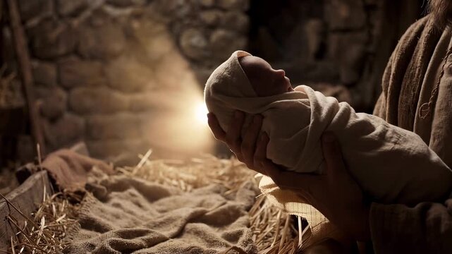 Ethereal light enveloping newborn baby Jesus silhouette