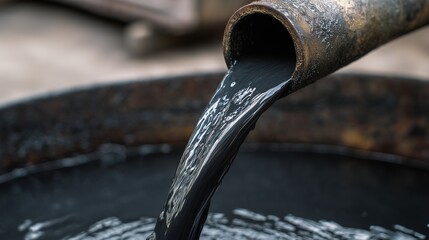 close up of black crude oil flowing slowly from an industrial pipe into a metal container energy resource extraction concept