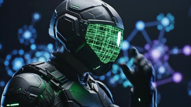Futuristic humanoid figure in advanced helmet with glowing visor interacts with digital interface, showcasing intricate patterns and vibrant colors in a high-tech environment