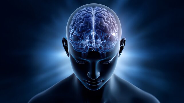 A human head with the brain highlighted in blue