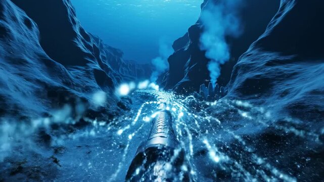 Underwater pipe releasing bubbles and water flow through a deep ocean trench, surrounded by rocky formations and illuminated by blue light from above