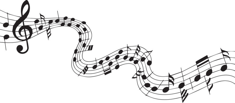 Flowing musical notes on stave creating wavy line element of music composition design isolated on white background