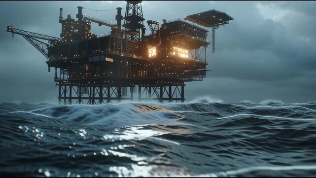 massive offshore oil platform in rough ocean waves under stormy skies global energy production and geopolitical tension concept