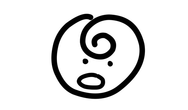 Minimalist surprised face drawn as a simple black line vector, featuring a circular outline, two dot eyes, an open oval mouth and a single spiral curl on top