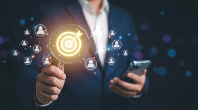 A businessman holds a magnifying glass with a glowing target icon, symbolizing focused marketing, strategic customer targeting, and precise business objectives.