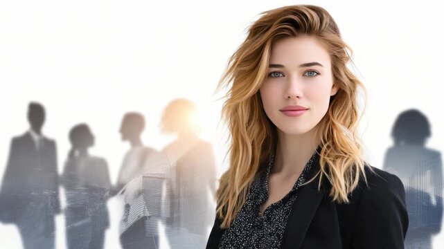 Confident Leader with her Team: A composed and confident female leader stands in the foreground, exuding competence and charisma against the blurred silhouettes of her team.