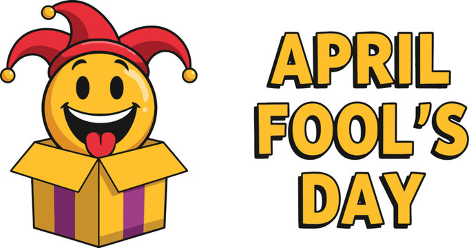 April Fools Day vector illustration with jester emoji character in gift box festive design for prank humor celebration