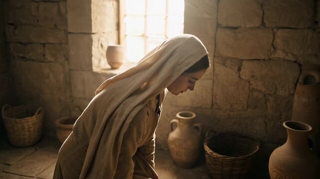 Submissive Mary kneeling gracefully bowing in devotion