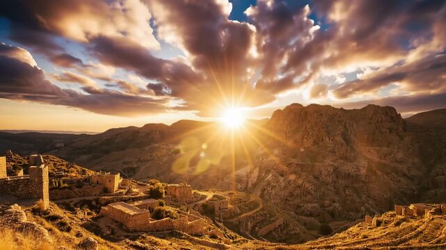 Brilliant sunburst over rugged mountains of Galilee