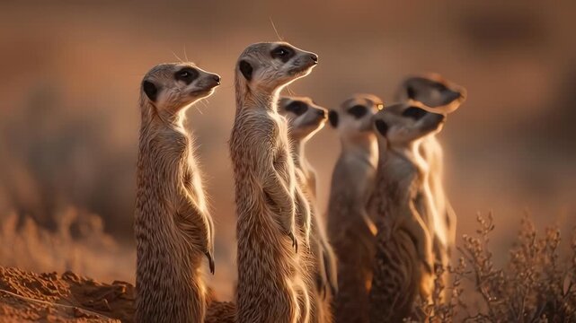 Group of Meerkats Standing Alert in the Golden Desert Sun