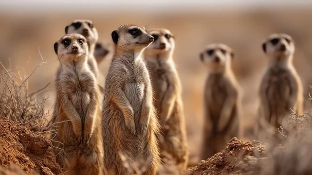 Meerkat Mob Standing Alert in Arid Desert Landscape