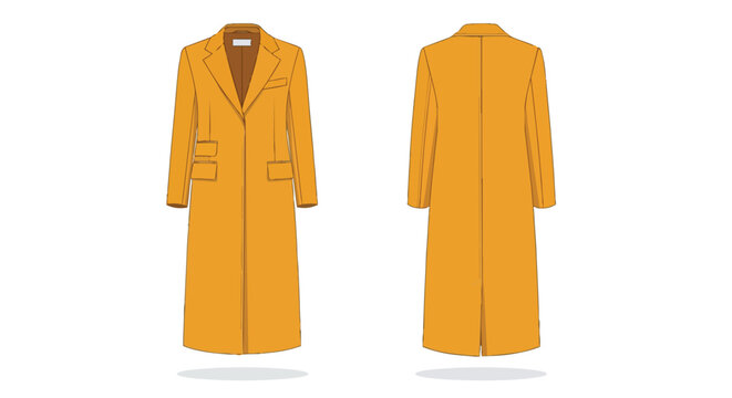 A sophisticated amber long coat presented in a clean fashion illustration, showcasing both front and back views for versatile apparel design and
