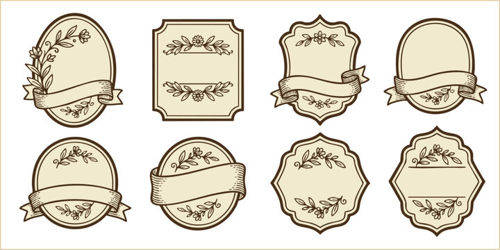 Vintage ornate blank frame and floral ribbon label vector illustrations.