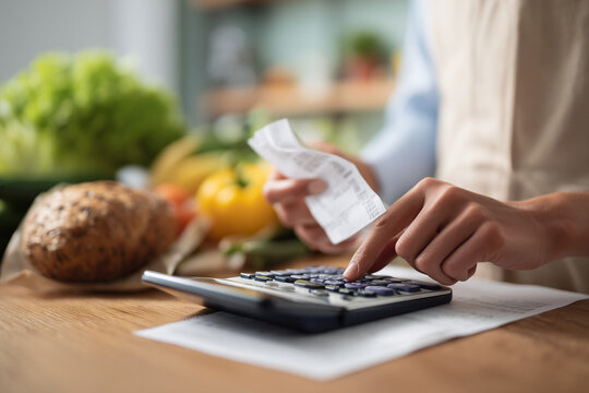 person calculating groceries cost with calculator and receipt, inflation stress