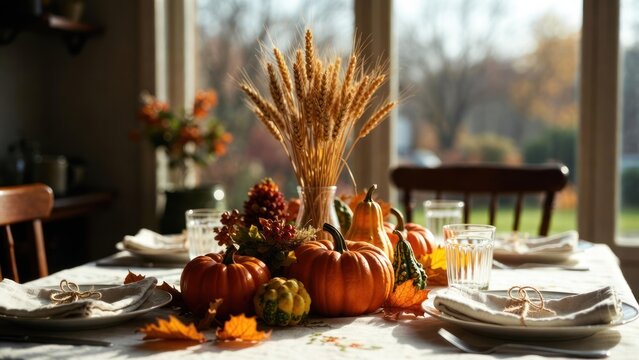 Cozy autumn table setting with pumpkins, wheat, and fall decor for festive gatherings and seasonal celebrations