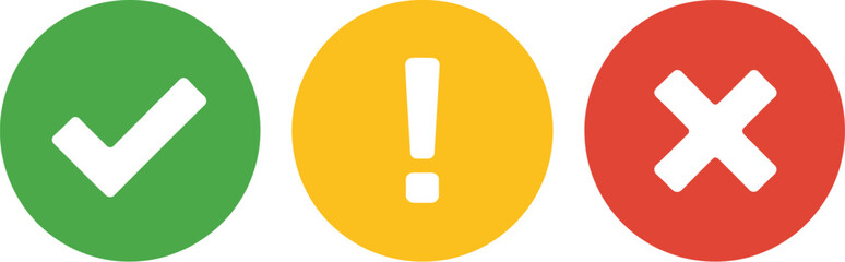 Notification icon set, minimalist user interface symbols with success checkmark warning exclamation and error cross for app alerts and system messages. © Nur