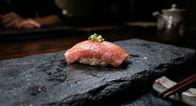 Luxury Omakase Shot
A single piece of premium toro sushi on a dark stone plate, dramatic spotlight, deep shadows, ultra-realistic texture, fine dining aesthetic, cinematic lighting, high-end Japanese 