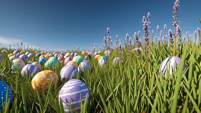 Colorful Easter Eggs Scattered in a Sunny Green Meadow