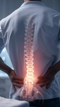 Medical illustration of human spine highlighting lower back pain area.